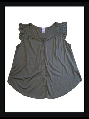 No Boundaries Size XXL Button-Front Ruffle Top in Olive Green